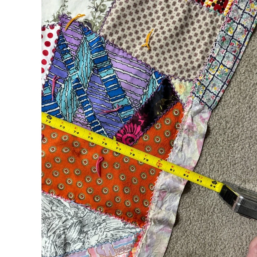 Vtg 70's Handmade Polyester Crazy Multi Color Patchwork Quilt Double Knit 66x86